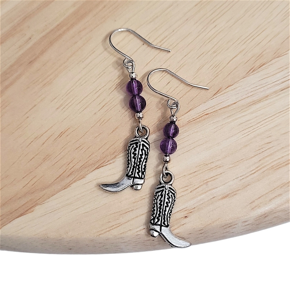Hand Crafted Amethyst Boot Earrings Dangle 1¾" Silver Plated Hypoallergenic